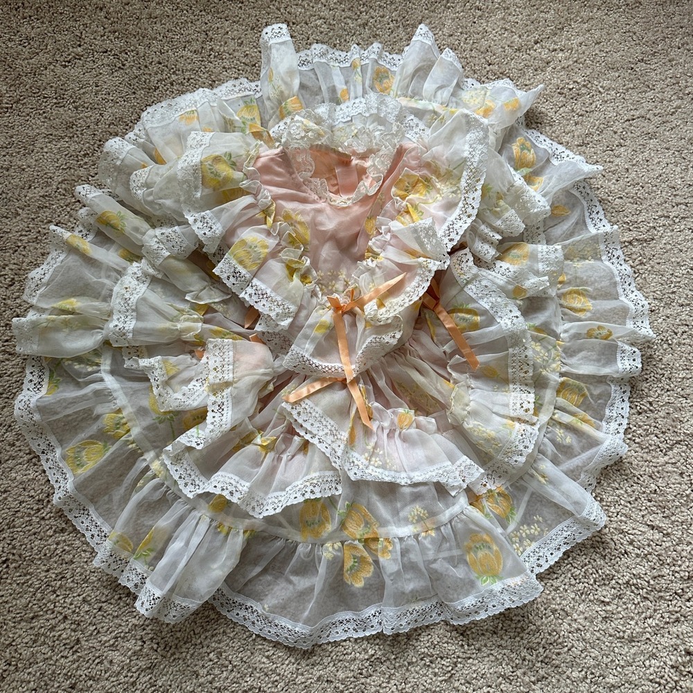 Vintage Ruffle Tiered Lace Dress 4T? Peach Floral Coquette Party Full Circle